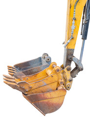 bucket of a modern excavator on a white