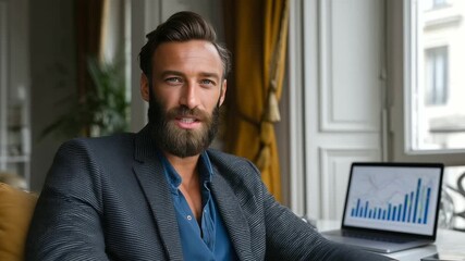 Caucasian businessman with beard in blazer, sitting on chair near window, laptop on desk showing graphs, focused expression analyzing financial data - Powered by Adobe