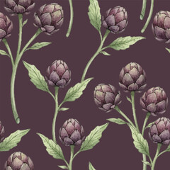 Purple globe artichokes with long green stems and leaves vector seamless pattern, dark aubergine background.