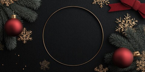 A festive arrangement featuring pine branches, red ornaments, and golden snowflakes on a textured black background, Ideal for holiday marketing, invitations, or as a backdrop for seasonal designs,