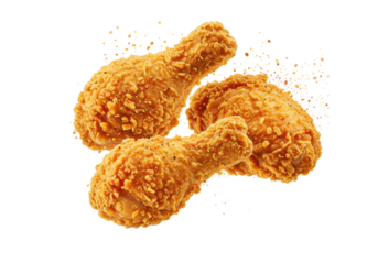 Golden-brown crispy bone-in fried chicken (2-3 pieces) with deeply textured breading and visible seasoning, suspended mid-air with scattering crumbs, against a transparent background, appetizing food