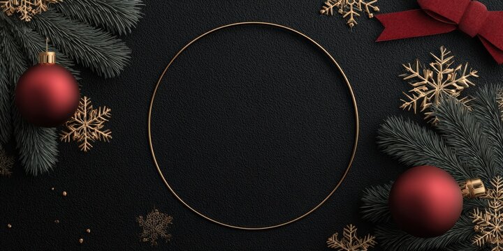 A festive arrangement featuring pine branches, red ornaments, and golden snowflakes on a textured black background, Ideal for holiday marketing, invitations, or as a backdrop for seasonal designs,
