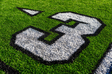 Close up photo of green synthetic turf with the number 3, block text, in white with a black boarder around the number.  	