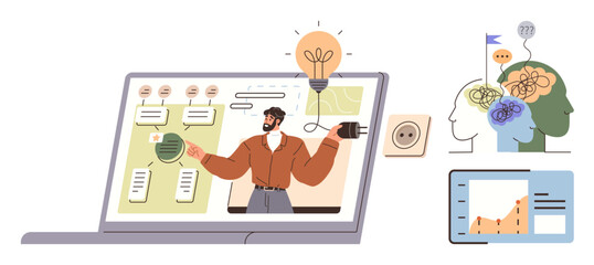 Fototapeta premium Man presenting concepts on laptop, lightbulb symbolizing ideas, growth chart, and brainstorming visuals of minds connected. Ideal for education, innovation, brainstorming, analytics, teaching
