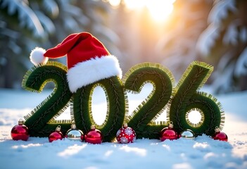 2026 made from pine with Santa hat and balls in snowy forest.