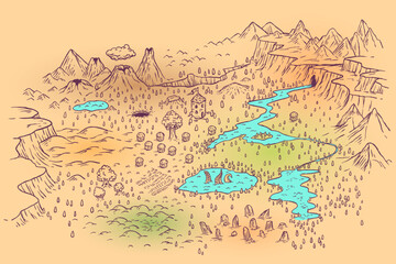 Cartoon adventure fantasy map landscape with mountains, forest, volcano, village, castle, water in doodle color style. Hand draw isometric vector illustration for medieval game.