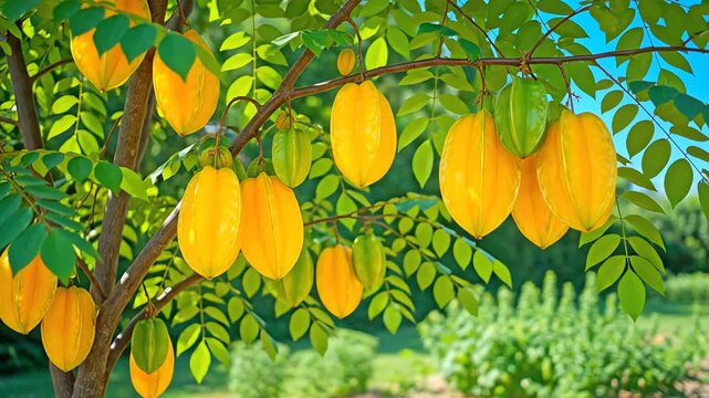 Vibrant Star Fruit Orchard: A Lush Tropical Plantation Under a Bright Blue Sky, featuring Carambola Trees Abundant with Ripe Fruits, showcasing a