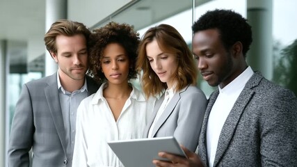 Four diverse business professionals standing near office window, two men and two women, reviewing financial reports on tablet and documents, serious discussion. business team  - Powered by Adobe