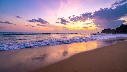 Golden Hour Beach Sunset With Gentle Waves Reflecting Vibrant Colors on Wet Sand and Distant Coastal Landscape