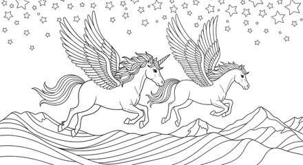 Two winged unicorns gallop across a mountainous landscape under a starry sky
