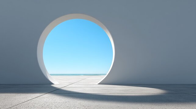 A circular window with a view of the ocean, framed by a white wall, casting a shadow on the concrete floor.