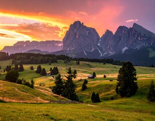 Scenic alpine sunset over grassy meadows