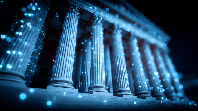 Courthouse columns enhanced with digital light trails, representing the intersection of law governance and data driven technology in public institutions.
