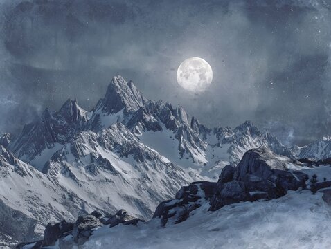 A majestic snow covered mountain range under a full moon on a clear cold night