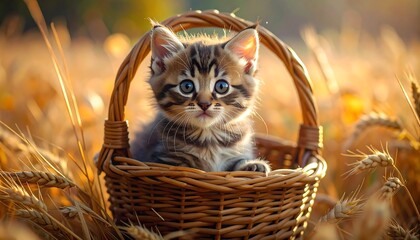 Fluffy tabby kitten with bright eyes sits in a woven basket in a wheat field