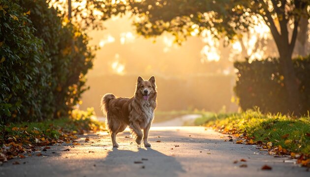 Fluffy dog walking on path, bathed in sunlight between trees - Powered by Adobe