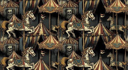 Vintage Carousel Horses and Tents with Skull Motifs.