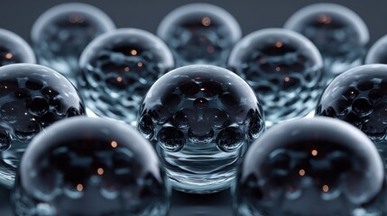 A group of transparent spheres with black dots, arranged in a grid-like pattern on a dark background.