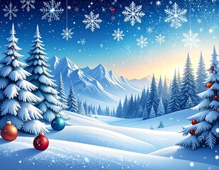 Winter scene snowy landscape, fir trees, mountains in background, festive ornaments, snowflakes, and blue gradient sky