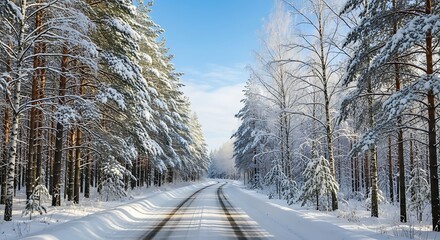Snowy road through a winter forest with tall pine trees