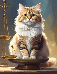 Fluffy cat poses regally on a balance scale; poised and dignified