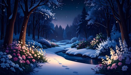 Wintery forest stream, snow-covered banks, and flowers glowing in the night under a star-filled sky