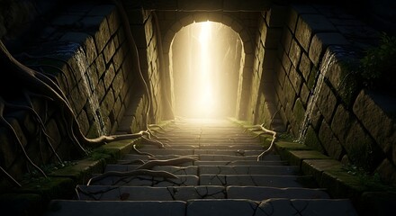 Mysterious Golden Light Floods an Ancient, Root-Covered Stone Dungeon Passageway.
