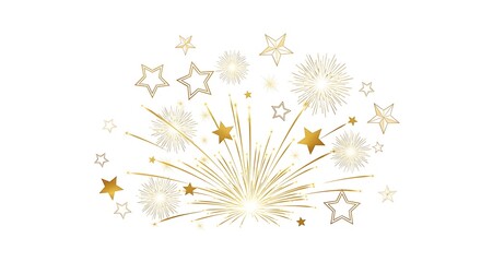 Golden abstract firework burst with stars and snowflakes isolated on white background