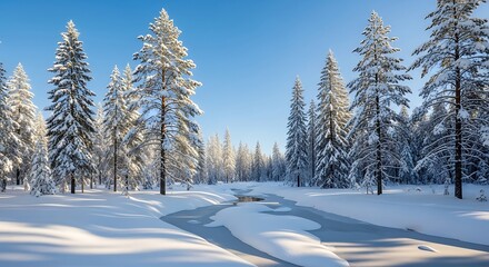 Winter forest with snow covered trees and a frozen stream