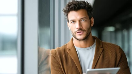 Hispanic businessman in smart casual outfit, leaning on office window frame, holding tablet with graphs, serious and concentrated face. Hispanic businessman analysis - Powered by Adobe