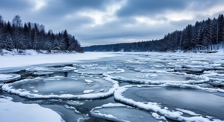 Frozen river with circular ice floes and snowy forest