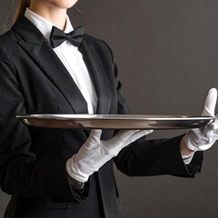 Woman in uniform holding a tray