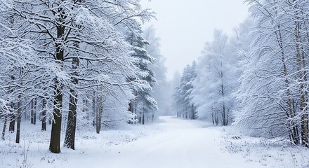 Snowy forest path in winter