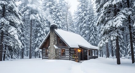 Cozy log cabin in a snowy forest with smoke from chimney