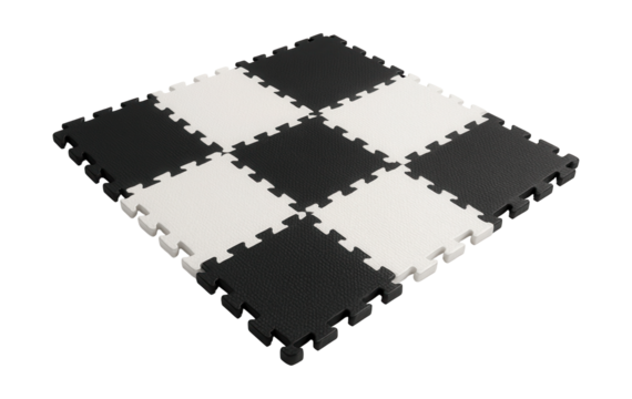 Interlocking foam mats with a checkerboard pattern, ideal for a game room floor.