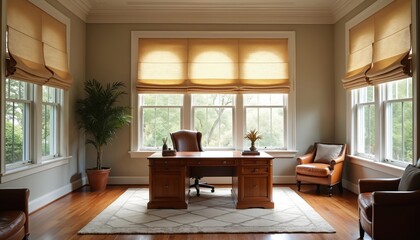 Spacious home office interior with natural sunlight and elegant design. Large wooden desk leather armchair. Window with roman shades. Decorative plant in pot. Modern office space with cozy vibe.
