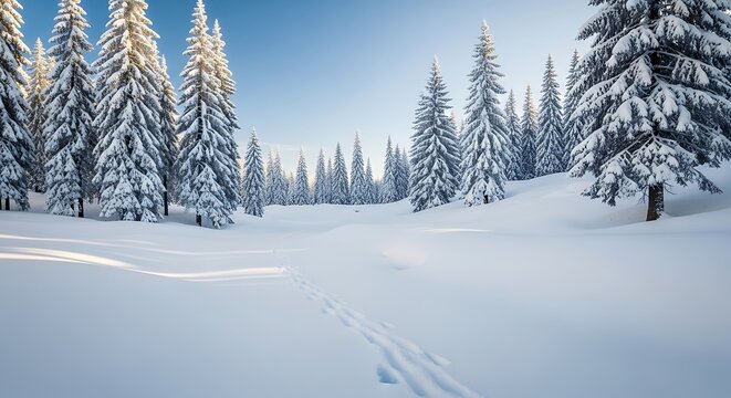Snowy forest landscape with tall pine trees and footprints