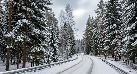 Snowcovered road winding through a dense pine forest