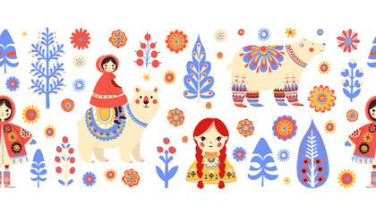 Scandinavian Folk Pattern with Polar Bears and Girls ,Cozy Winter Seamless Design. Cute Nordic Fairy Tale Pattern Frame Border with white backgrounds. Children Winter Print. Vector Illustration