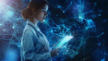 A female scientist extensively analyzes data on a digital tablet amidst a futuristic tech background filled with glowing connections - Powered by Adobe