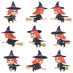 ハロウィンのイラスト素材　箒に乗った小さな魔女（1）　カット九点セット