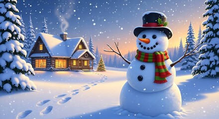A cheerful snowman stands in a snowy landscape near a cozy cabin