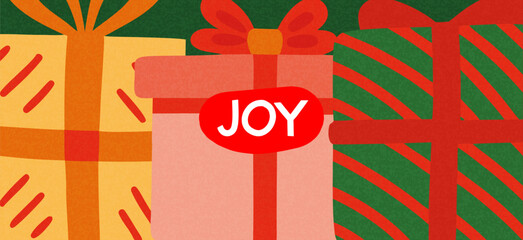 Merry Christmas and Happy New Year greeting card or banner. A modern, beautiful Christmas design with typography and gifts. Art poster, cover, and decor templates.