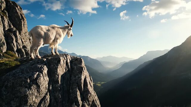 Majestic mountain goat surveys its alpine kingdom, a breathtaking vista of layered peaks and serene valleys stretches into the horizon, under an