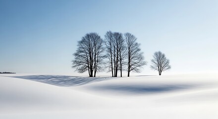 Bare trees in a vast snowy landscape under a clear sky