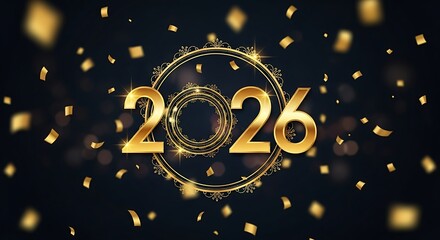 Golden 2026 text with falling confetti and bokeh effect