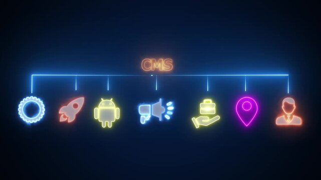 CMS, Content management system concept for business website management. Glowing neon line animated content management system icons isolated on transparent background.