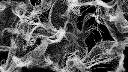 3d video art Intricate white mesh lines form abstract, flowing wave patterns against a black backdrop. The image evokes a digital fabric or neural network with high complexity and motion-like depth
