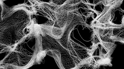 3d video art Intricate white mesh lines form abstract, flowing wave patterns against a black backdrop. The image evokes a digital fabric or neural network with high complexity and motion-like depth