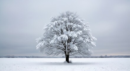 Solitary snowcovered tree in a winter field